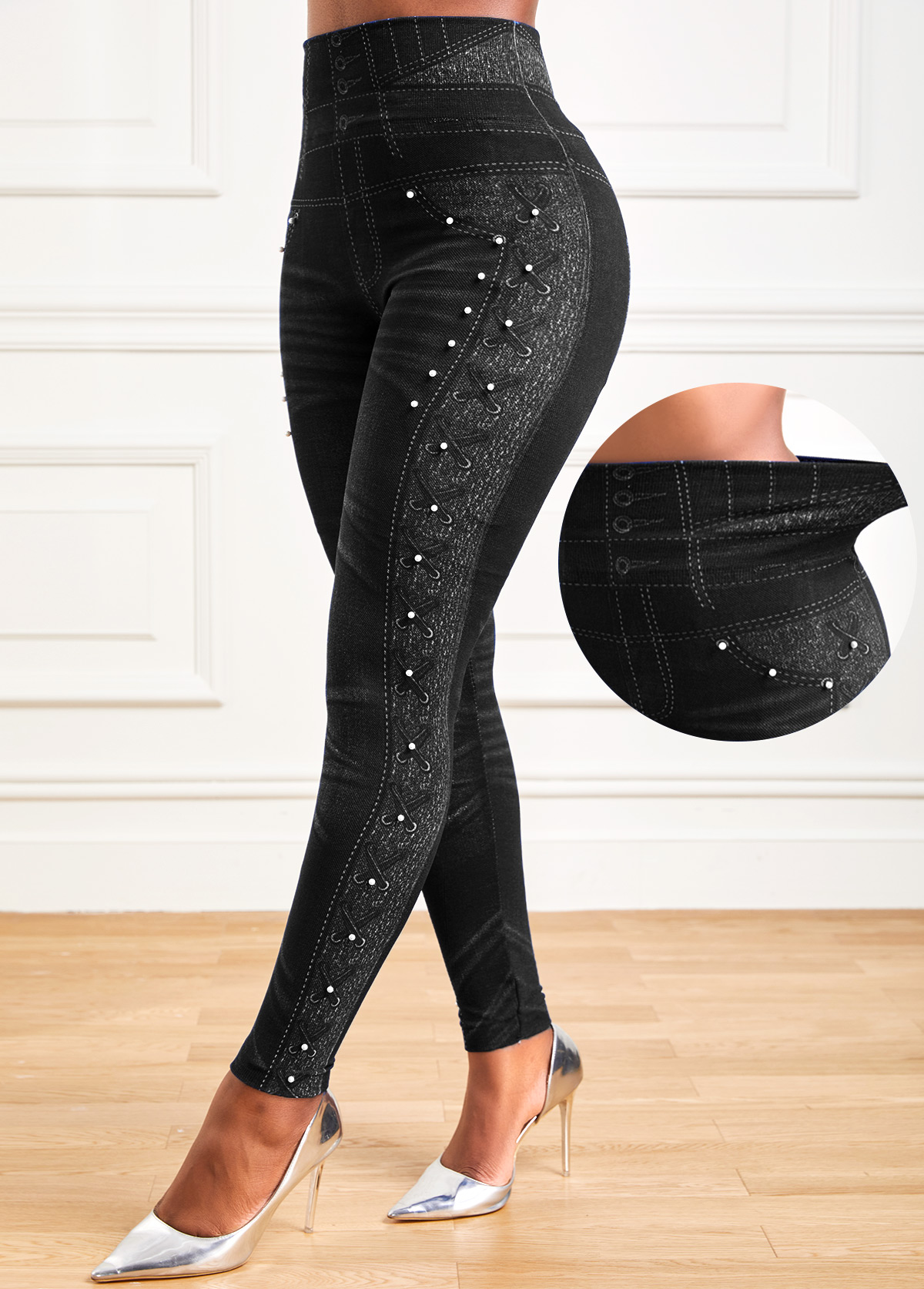 Black Elastic Waist High Waisted Ankle Length Leggings