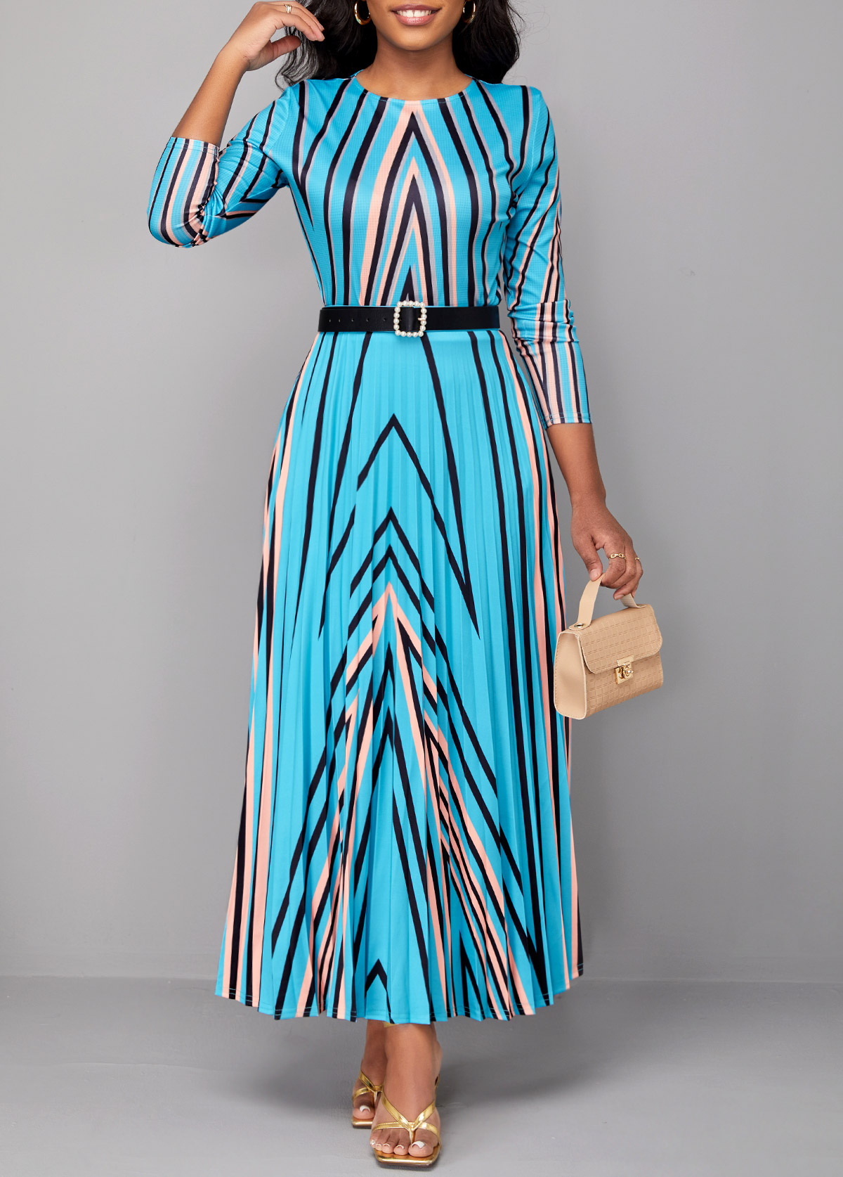 Geometric Print Pleated Light Blue Maxi Dress | Rosewe.com - USD $29.98