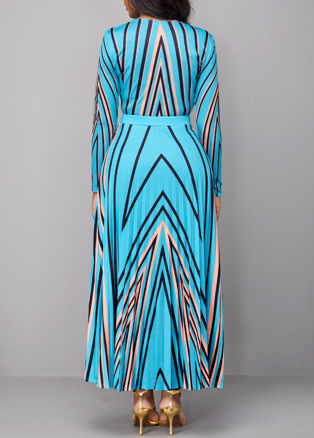 Geometric Print Pleated Light Blue Maxi Dress
