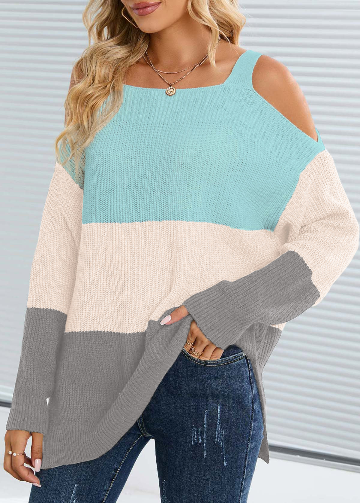 Split Multi Color Square Neck Cold Shoulder Sweater