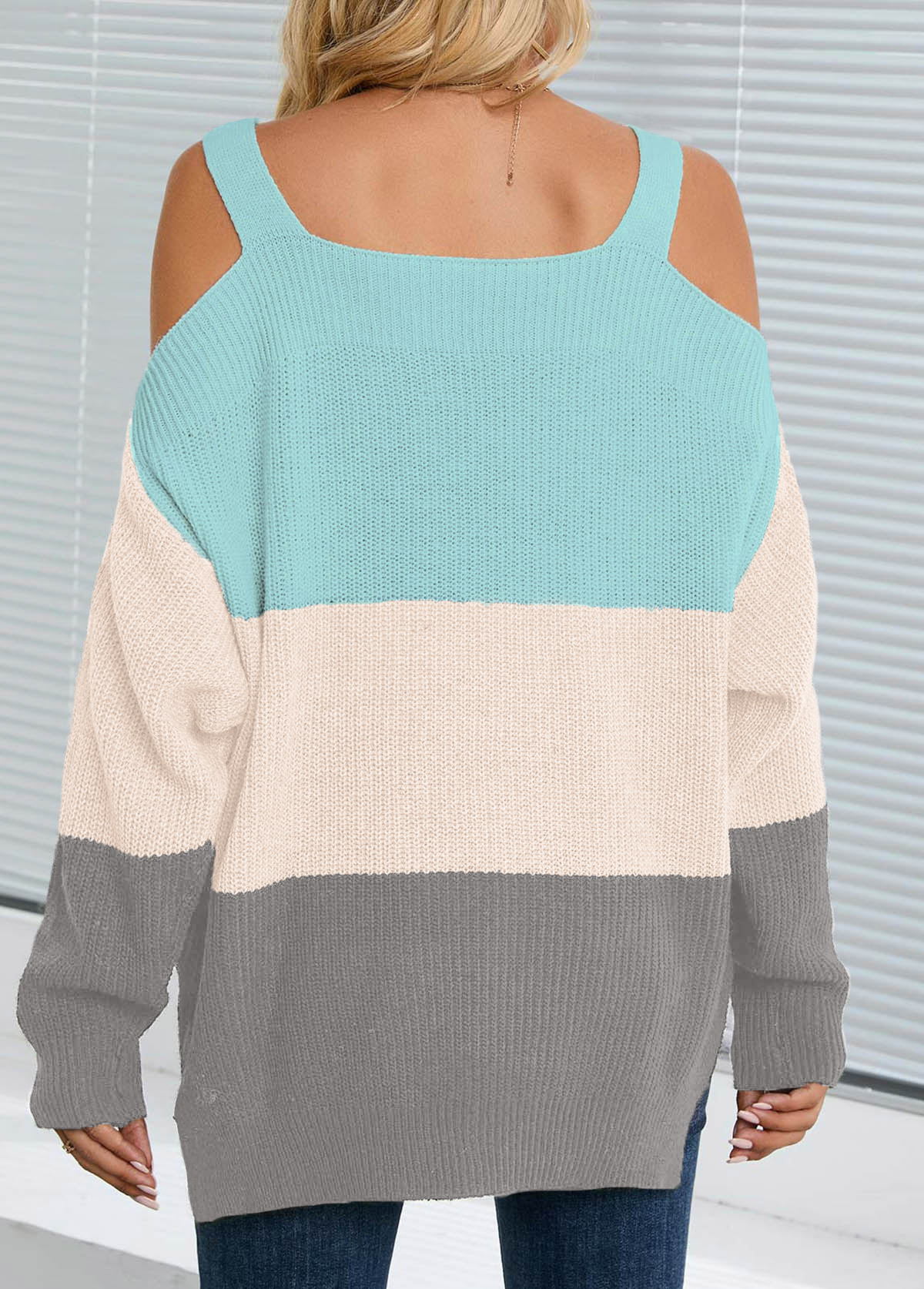 Split Multi Color Square Neck Cold Shoulder Sweater