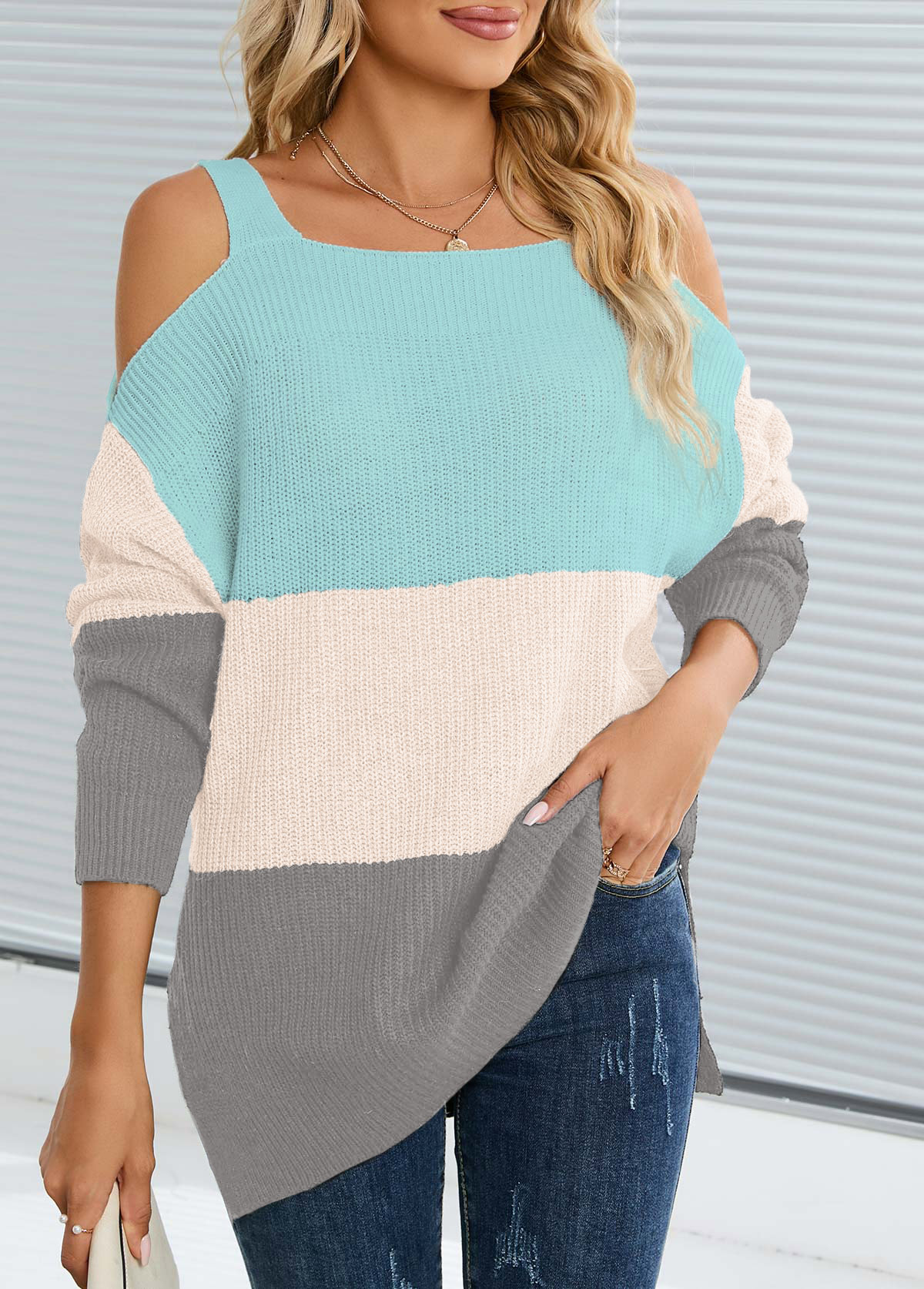 Split Multi Color Square Neck Cold Shoulder Sweater