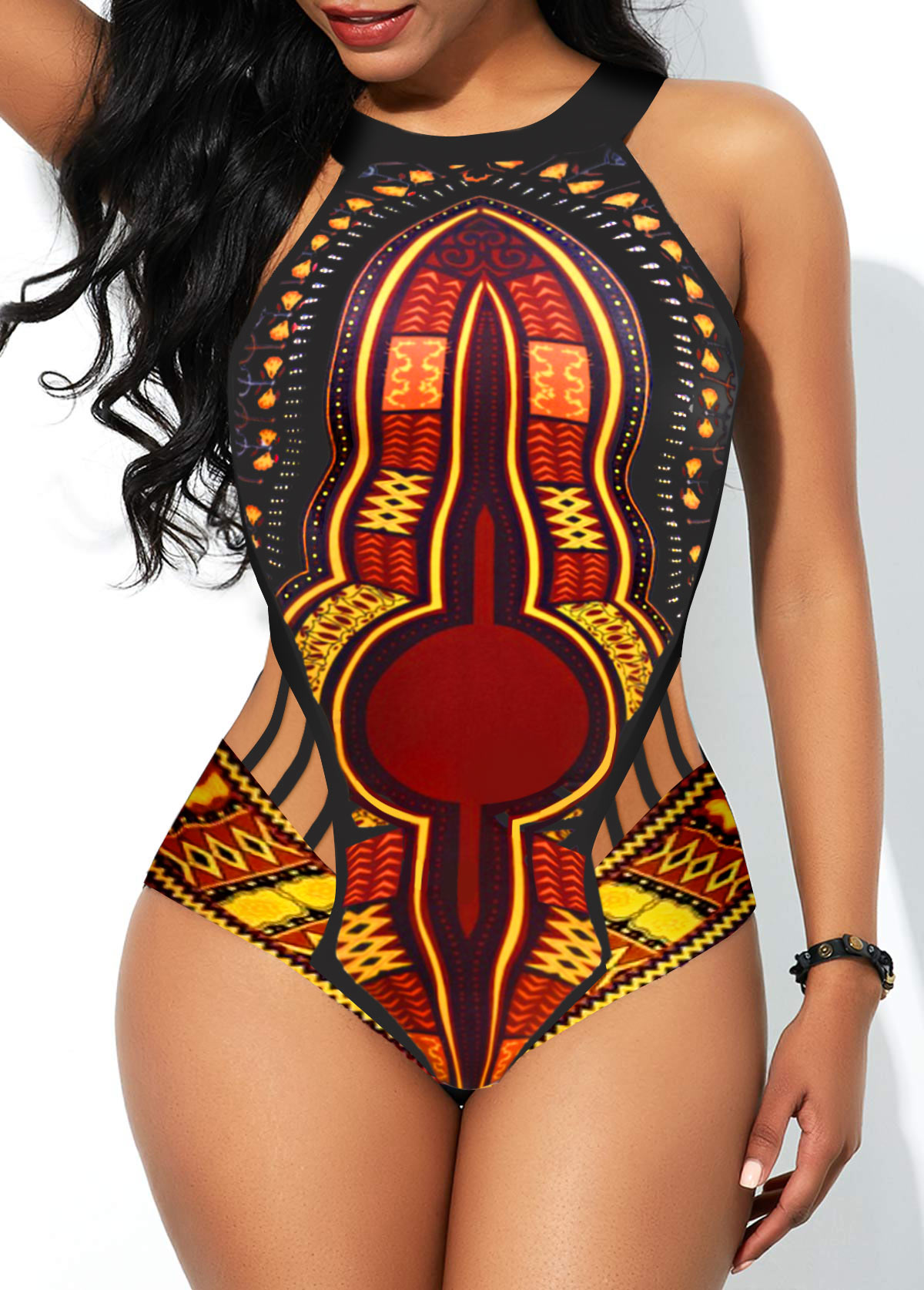 Tribal Print Cut Out Black One Piece Swimwear