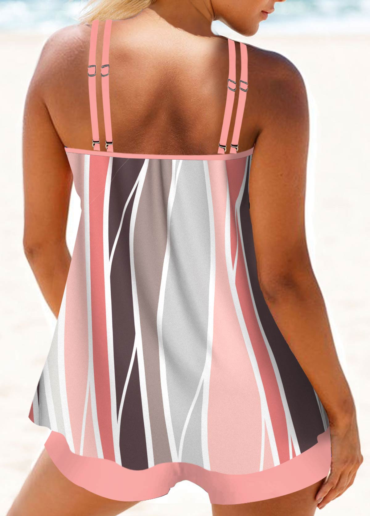 Geometric Print Criss Cross Pink Tankini Top-No Bottom