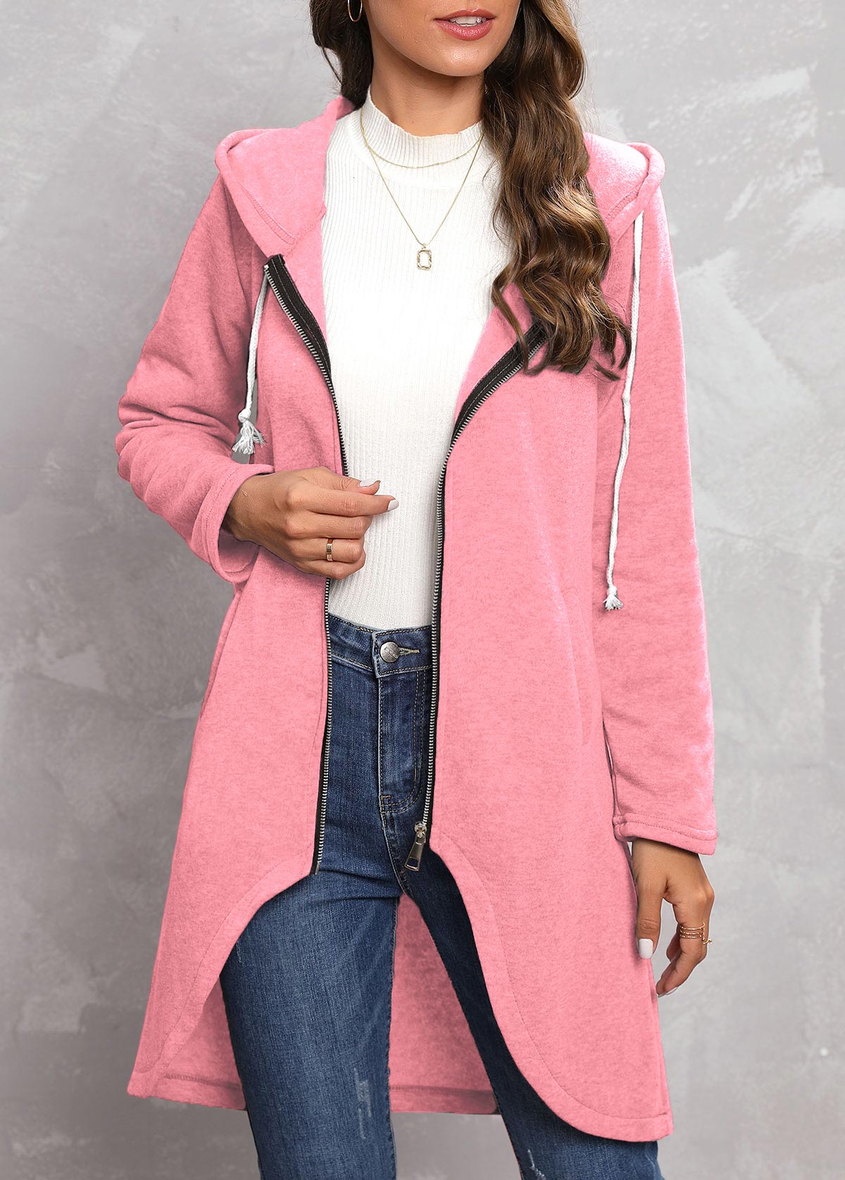 Zipper Hooded Long Sleeve Pink Coat