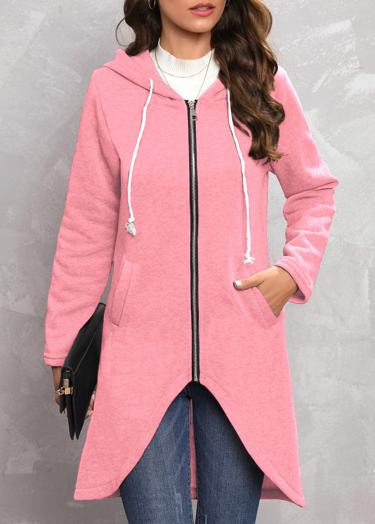 Zipper Hooded Long Sleeve Pink Coat