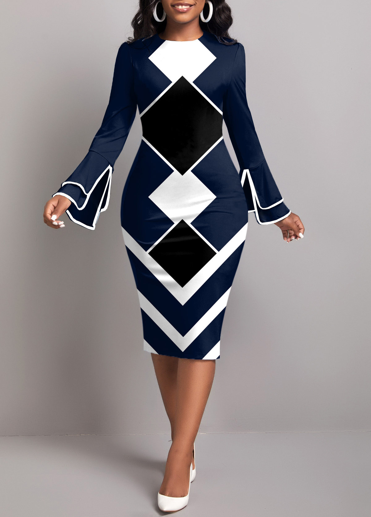 Geometric Print Contrast Binding Navy Bodycon Dress