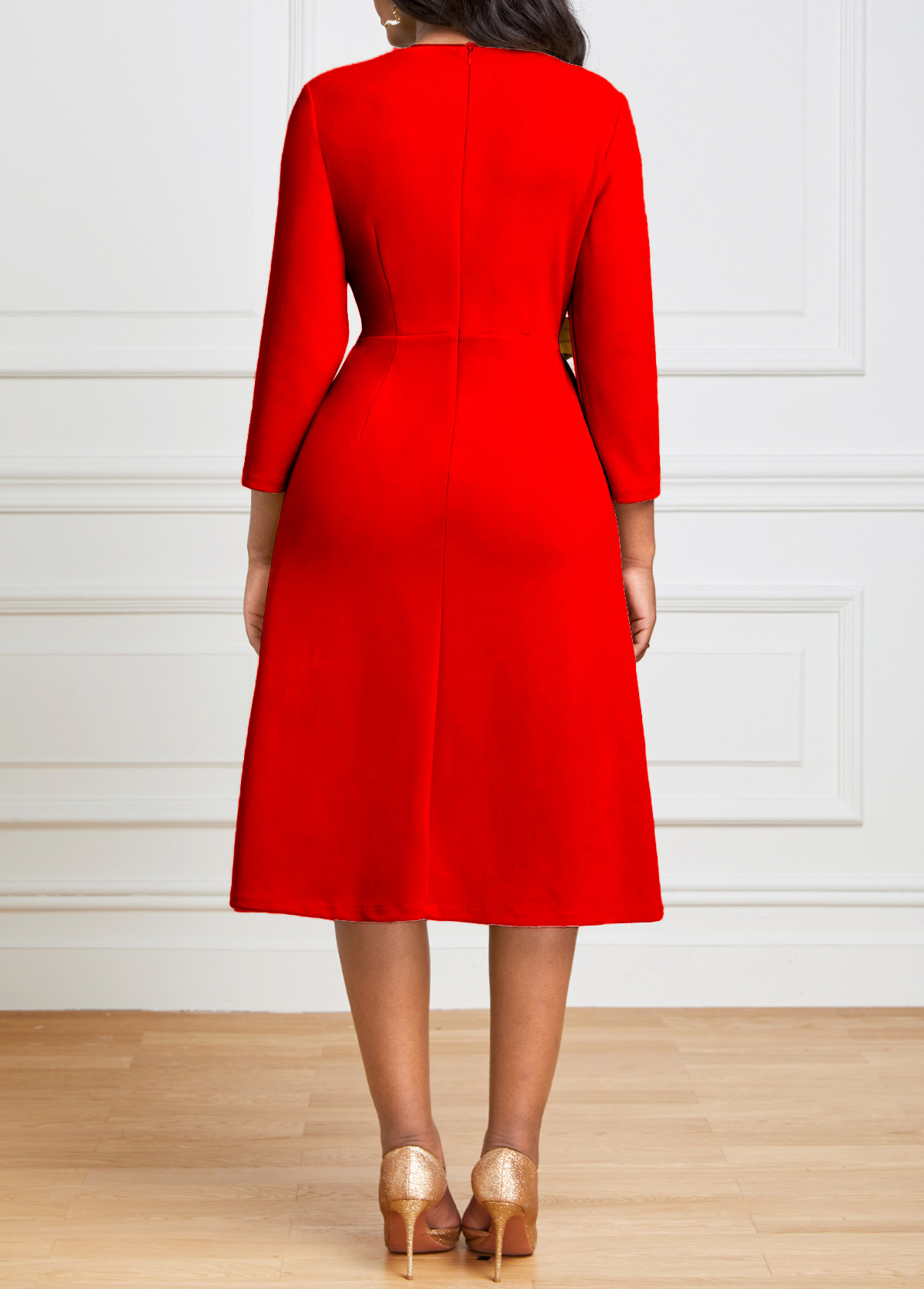 Fake 2in1 3/4 Sleeve Red Dress