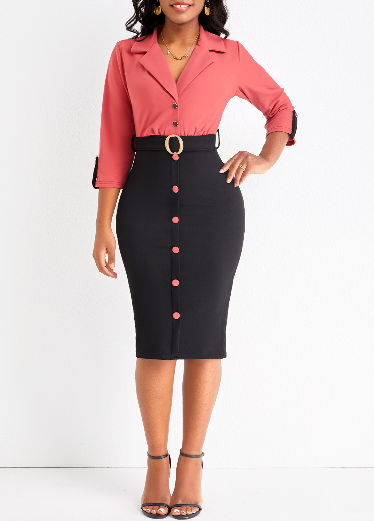 Button Belted Brick Red Lapel Bodycon Dress