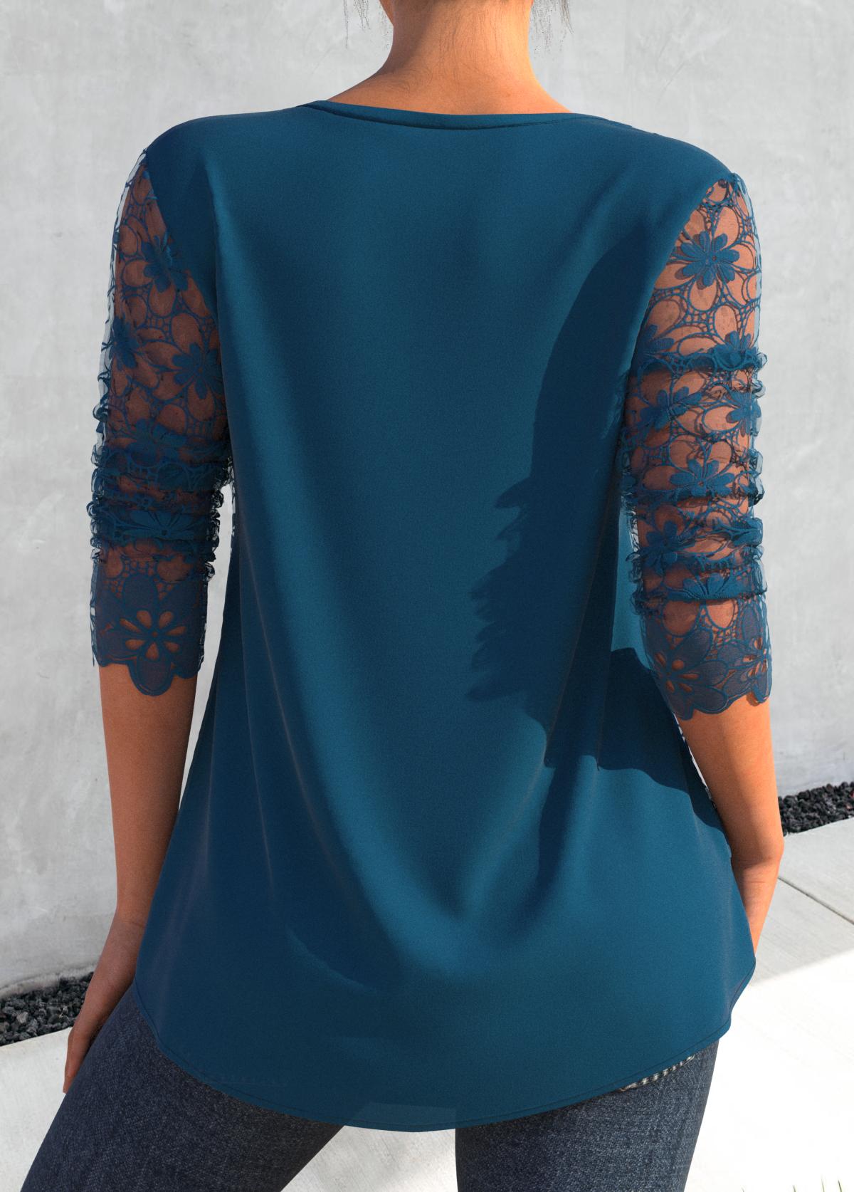 Layered Blue Lace Stitching Long Sleeve Blouse