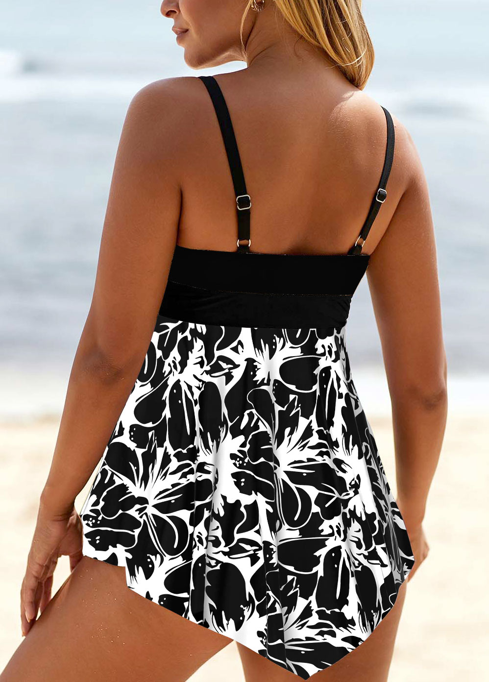 Floral Print Lace Up Black Swimdress Top