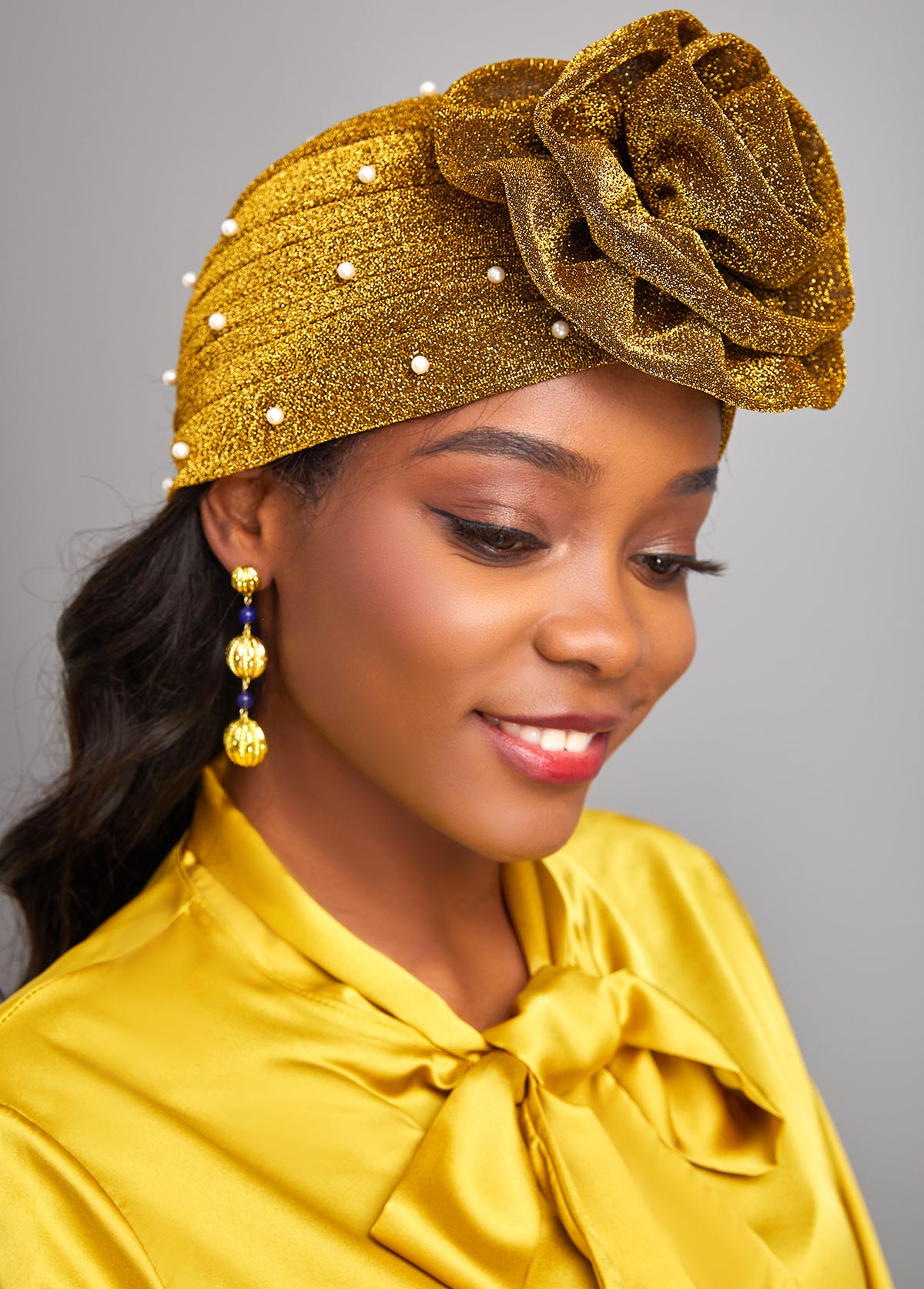 Pearl Design Gold Floral Detail Turban Hat