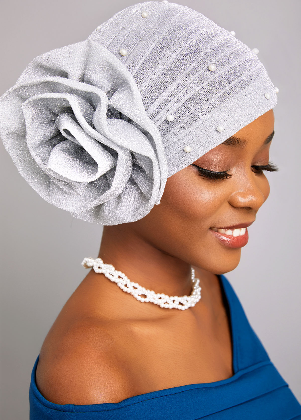Flower Silvery White Pearl Turban Hat