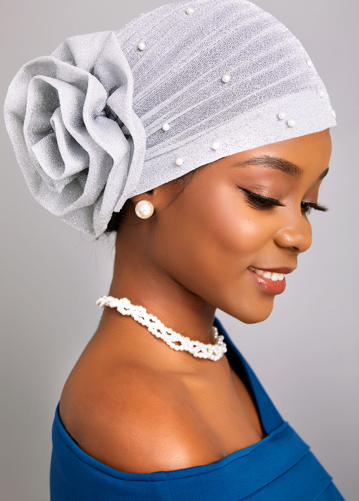 Flower Silvery White Pearl Turban Hat