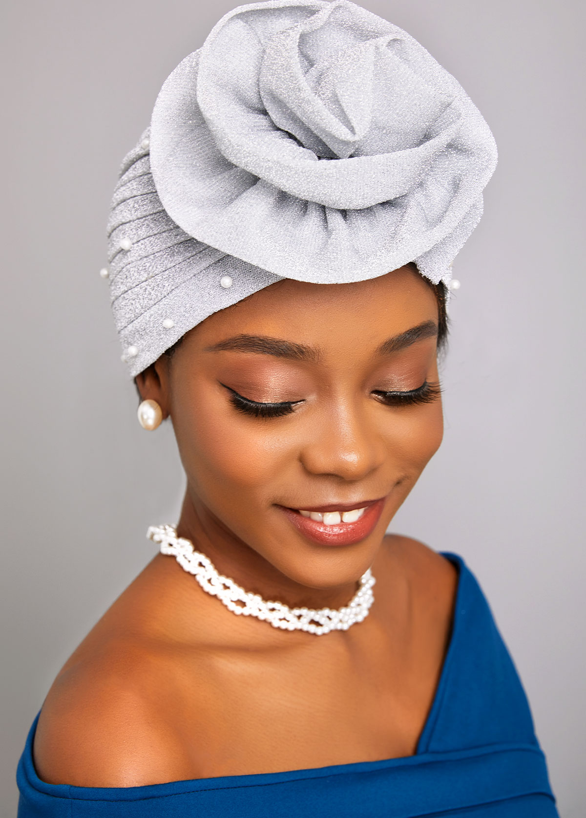 Flower Silvery White Pearl Turban Hat