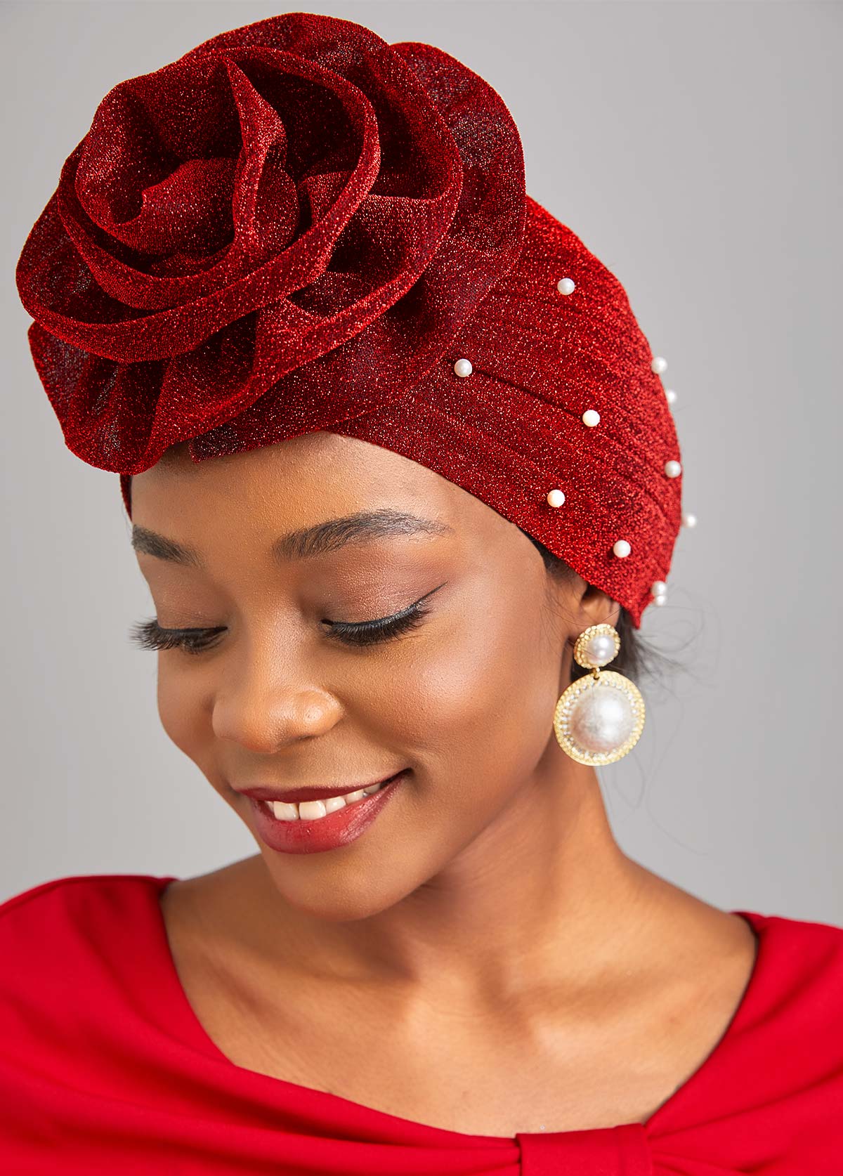 Pearl Wine Red Flower Desin Turban Hat