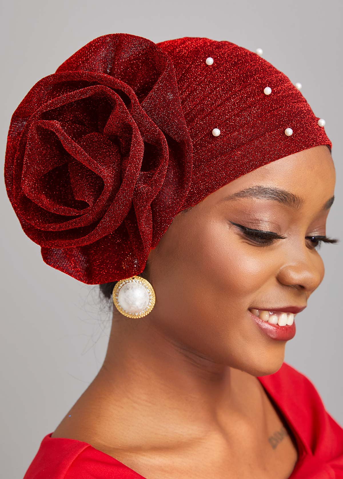 Pearl Wine Red Flower Desin Turban Hat