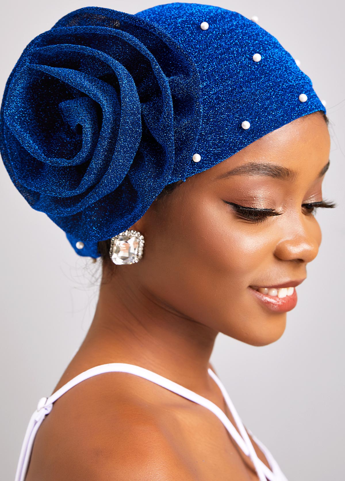 Flower Dark Blue Pearl Turban Hat