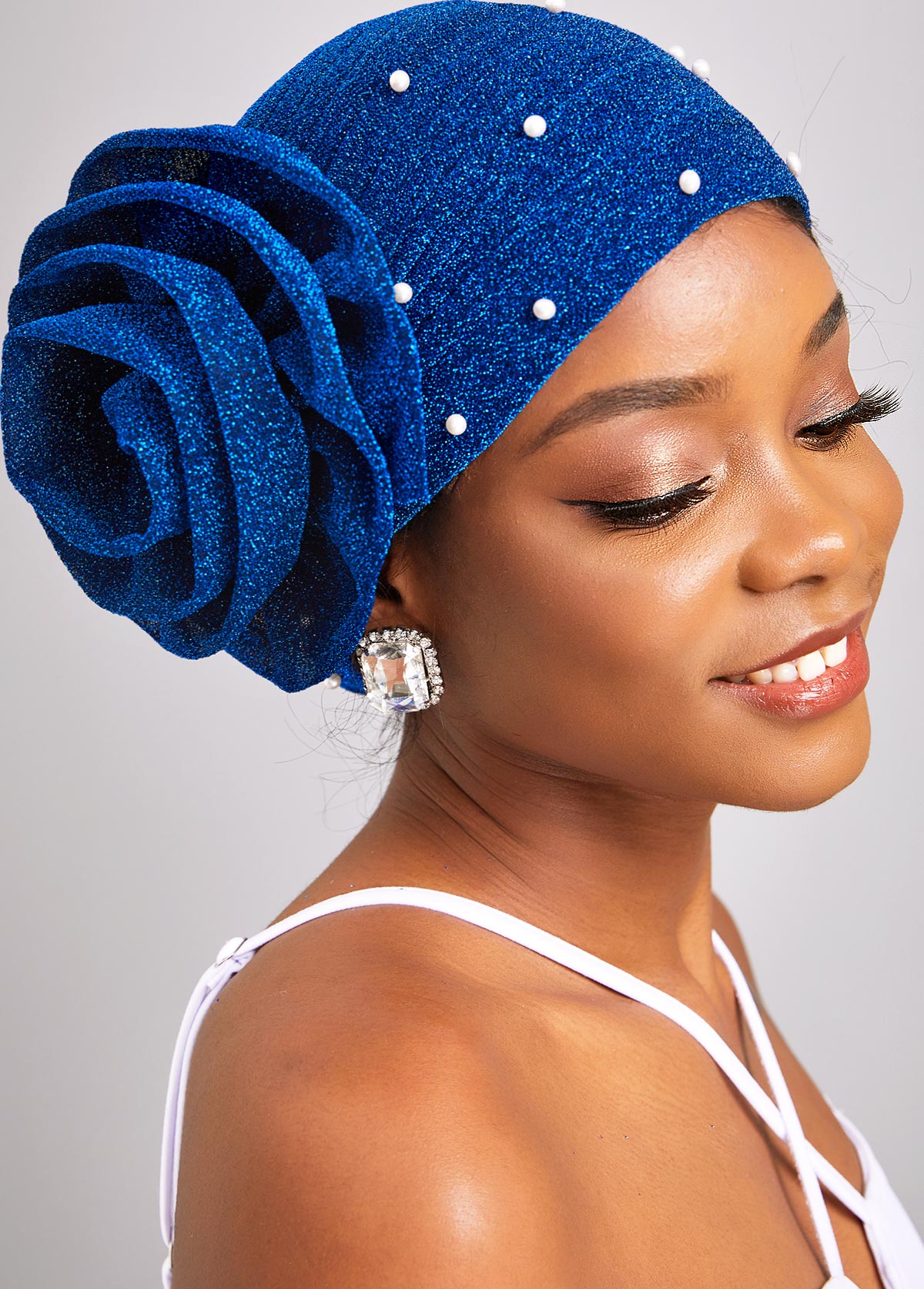 Flower Dark Blue Pearl Turban Hat