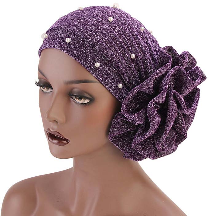 Pearl Violet Flower Desin Turban Hat