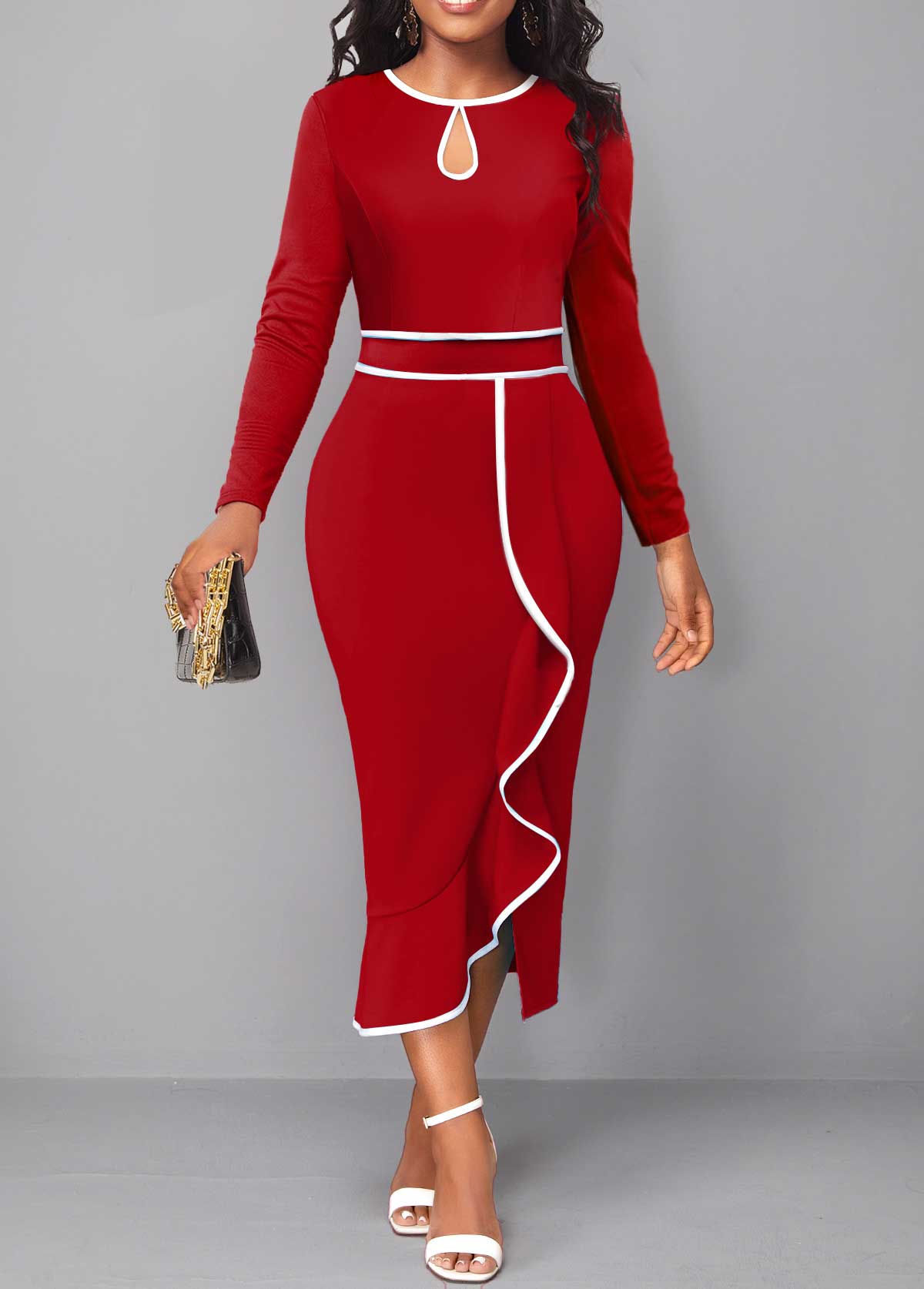 Red Contrast Binding Round Neck Bodycon Dress | Rosewe.com - USD $34.98