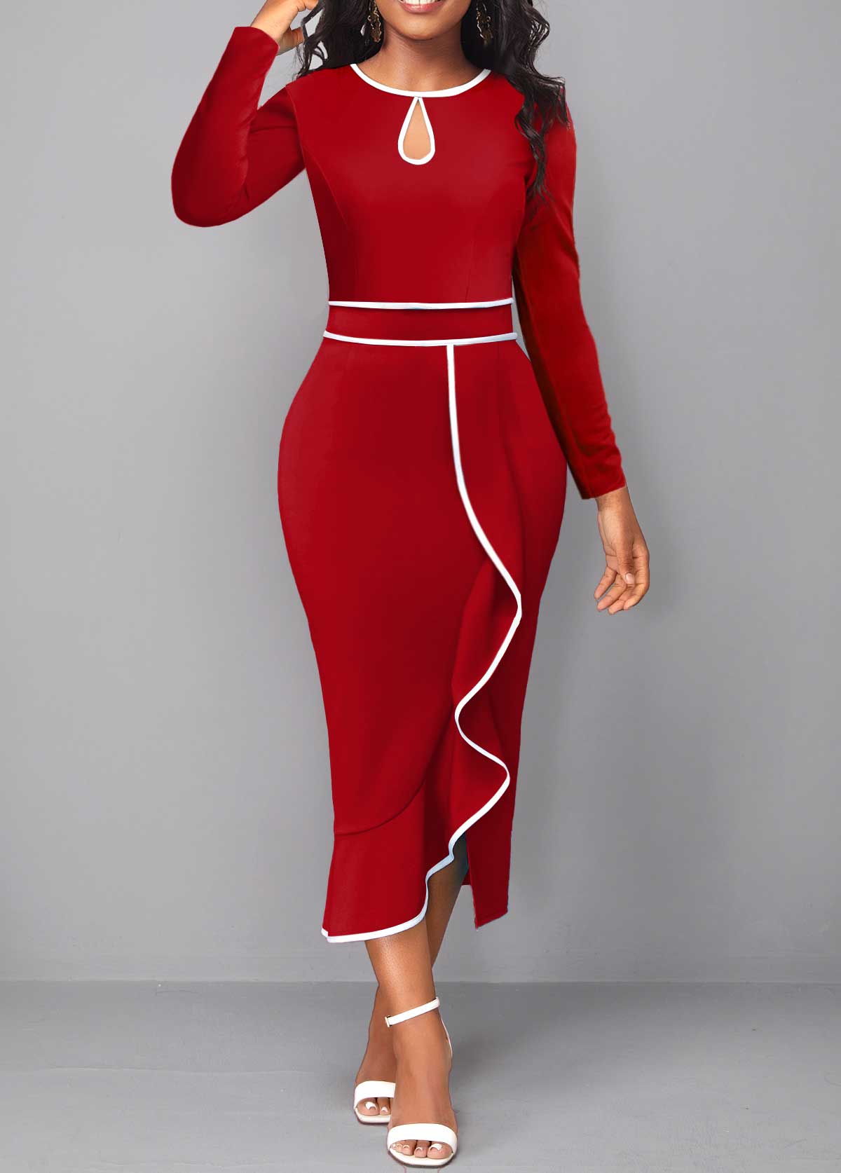 Red Contrast Binding Round Neck Bodycon Dress