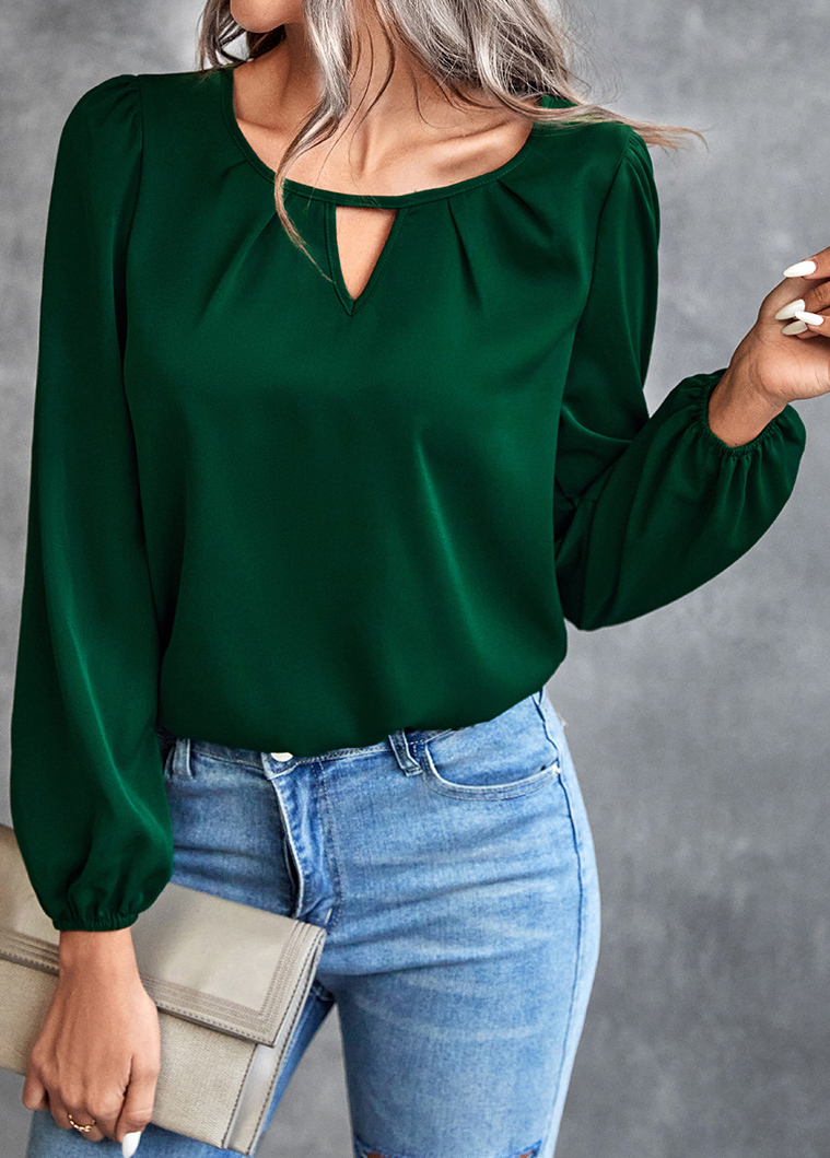 Blackish Green Round Neck Cut Out Blouse