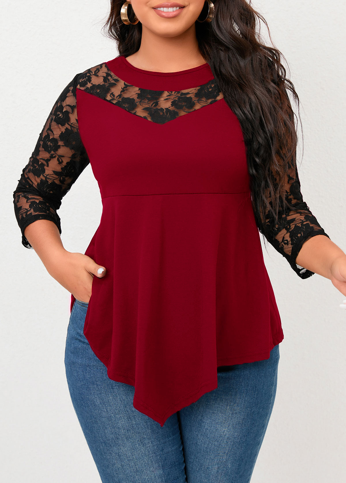 Wine Red Plus Size Lace T Shirt