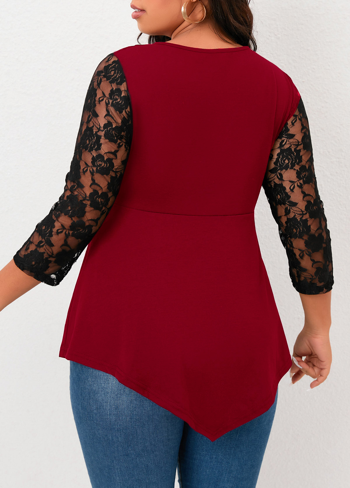 Wine Red Plus Size Lace T Shirt
