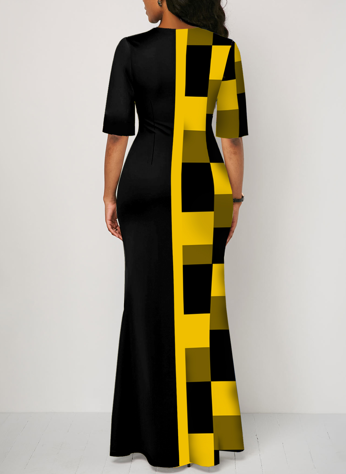Geometric Print Patchwork Yellow Maxi Dress