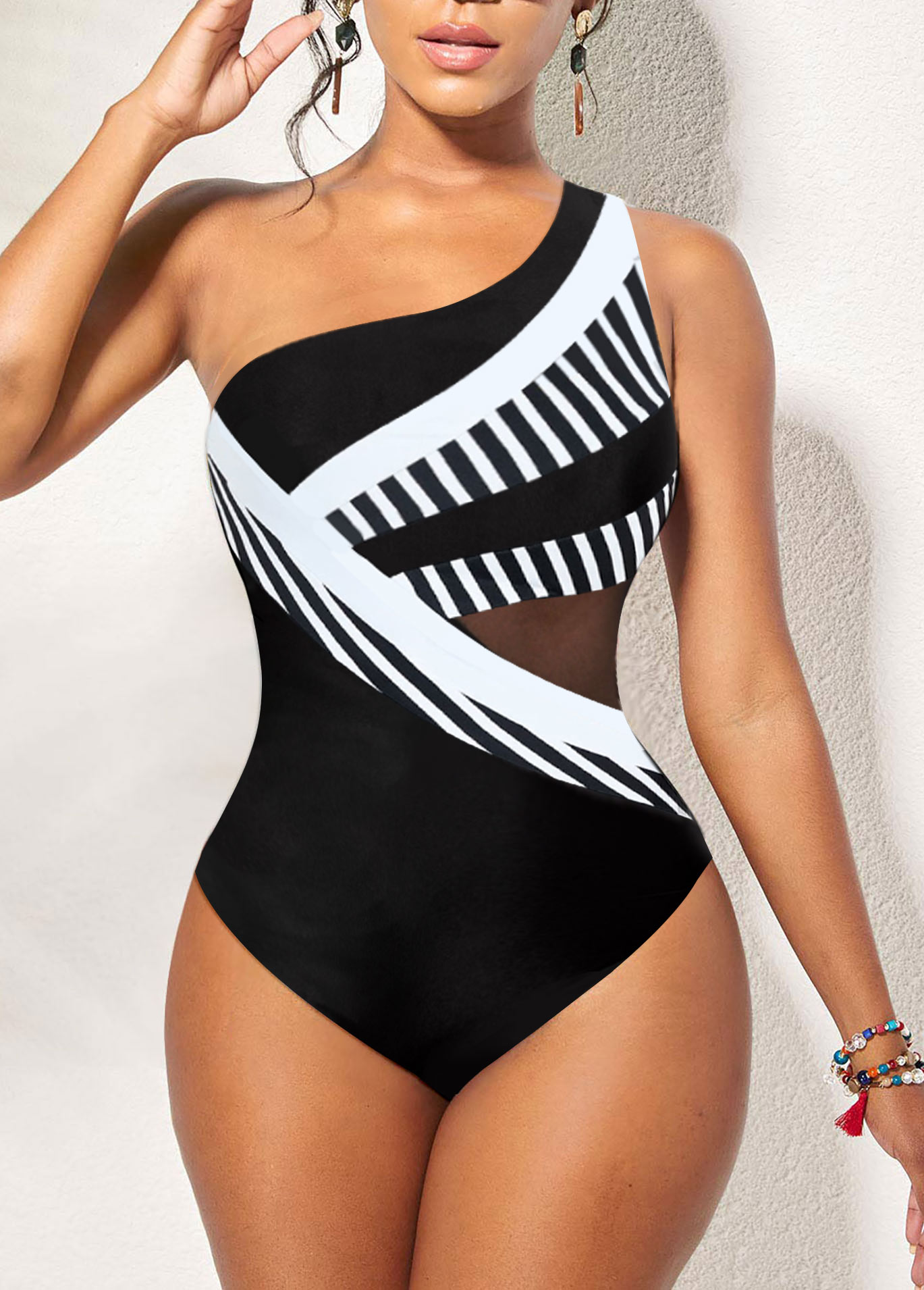 Striped Patchwork Black One Piece Swimwear