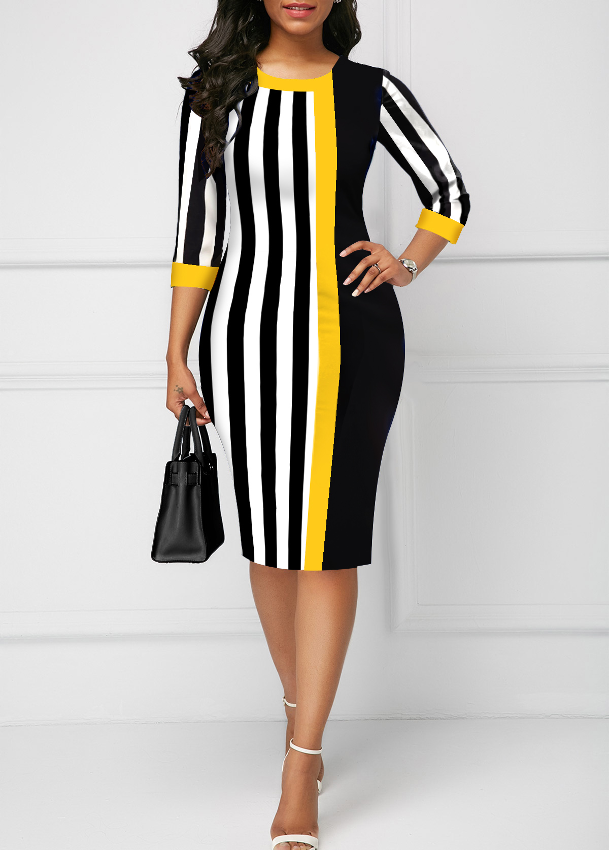 Black Striped Round Neck Bodycon Dress USD 31.98