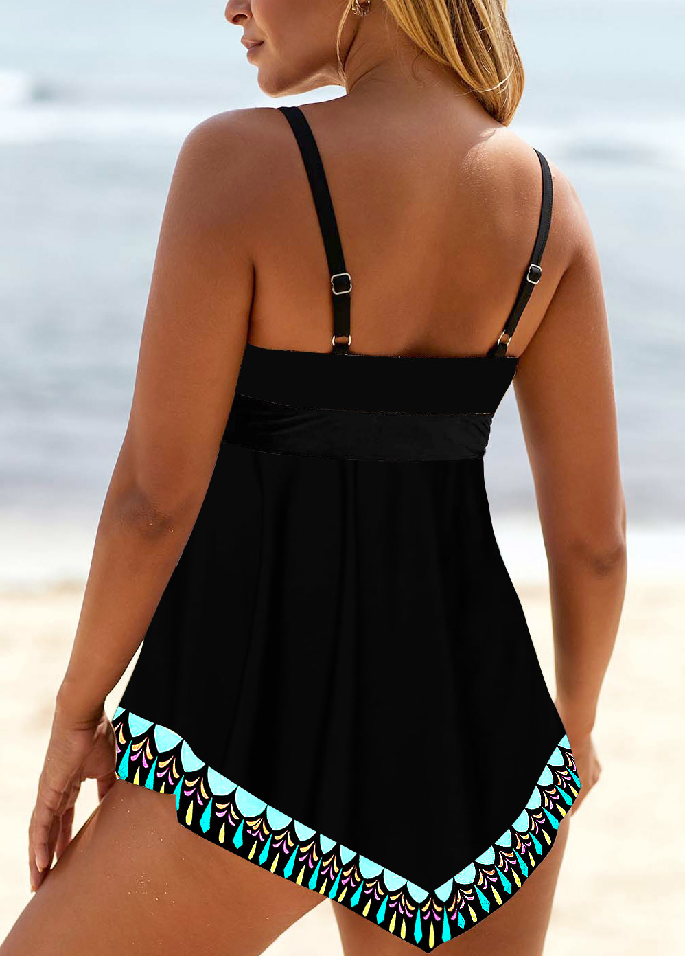 Tribal Print Lace Up Black Swimdress Top