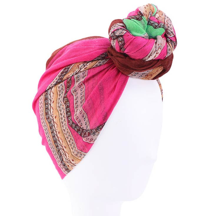 Tribal Print Hot Pink Tie Front Turban Hat