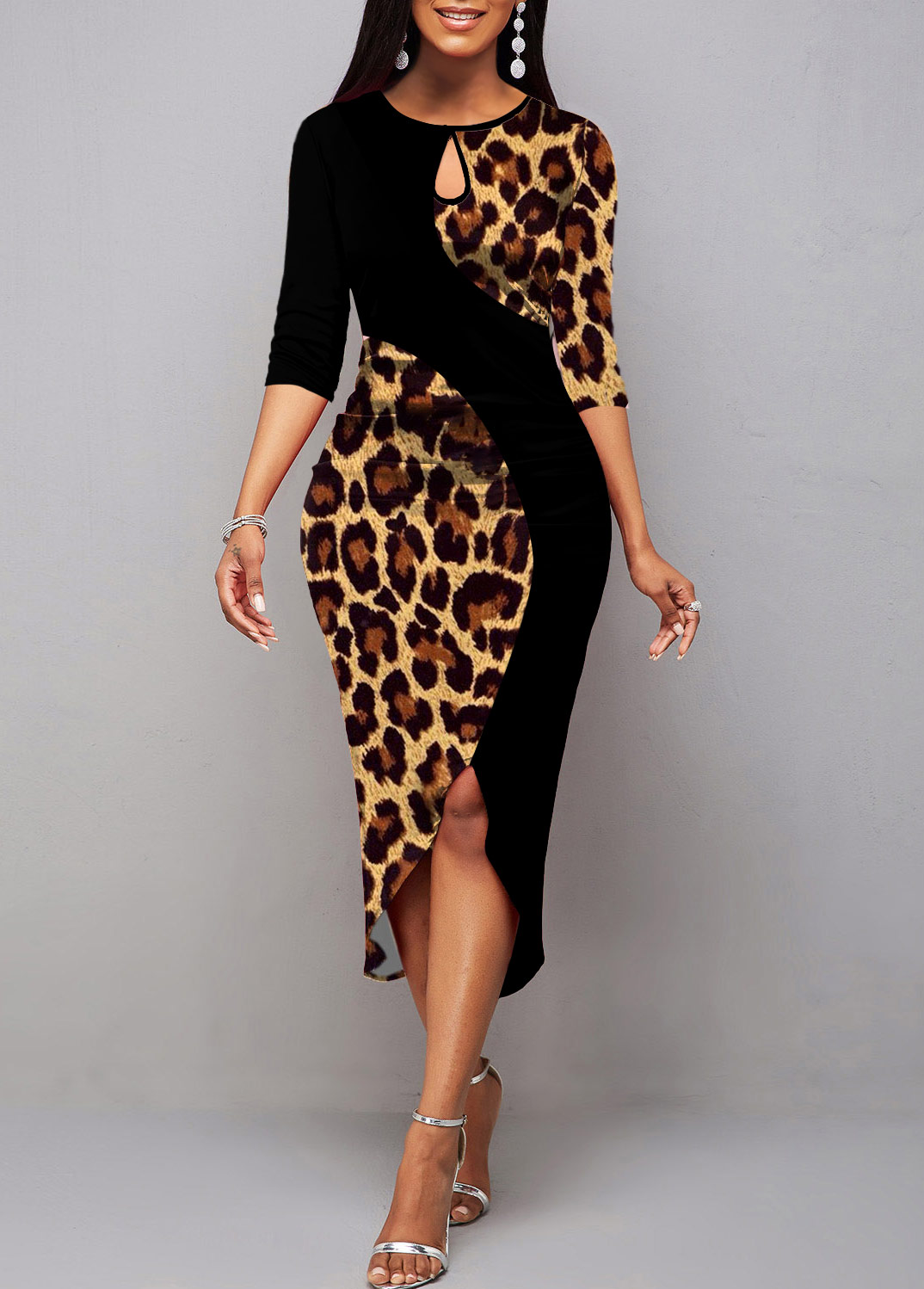 Leopard Patchwork Multi Color Round Neck Bodycon Dress