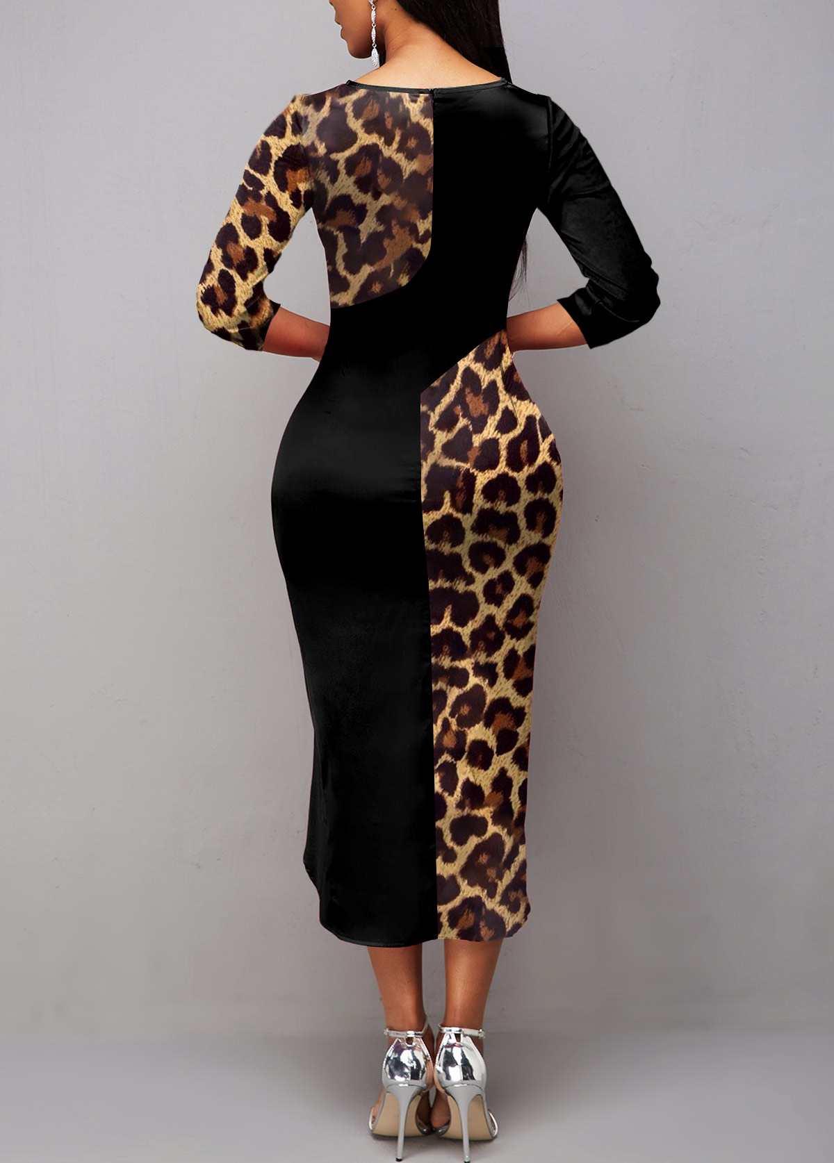 Leopard Patchwork Multi Color Round Neck Bodycon Dress