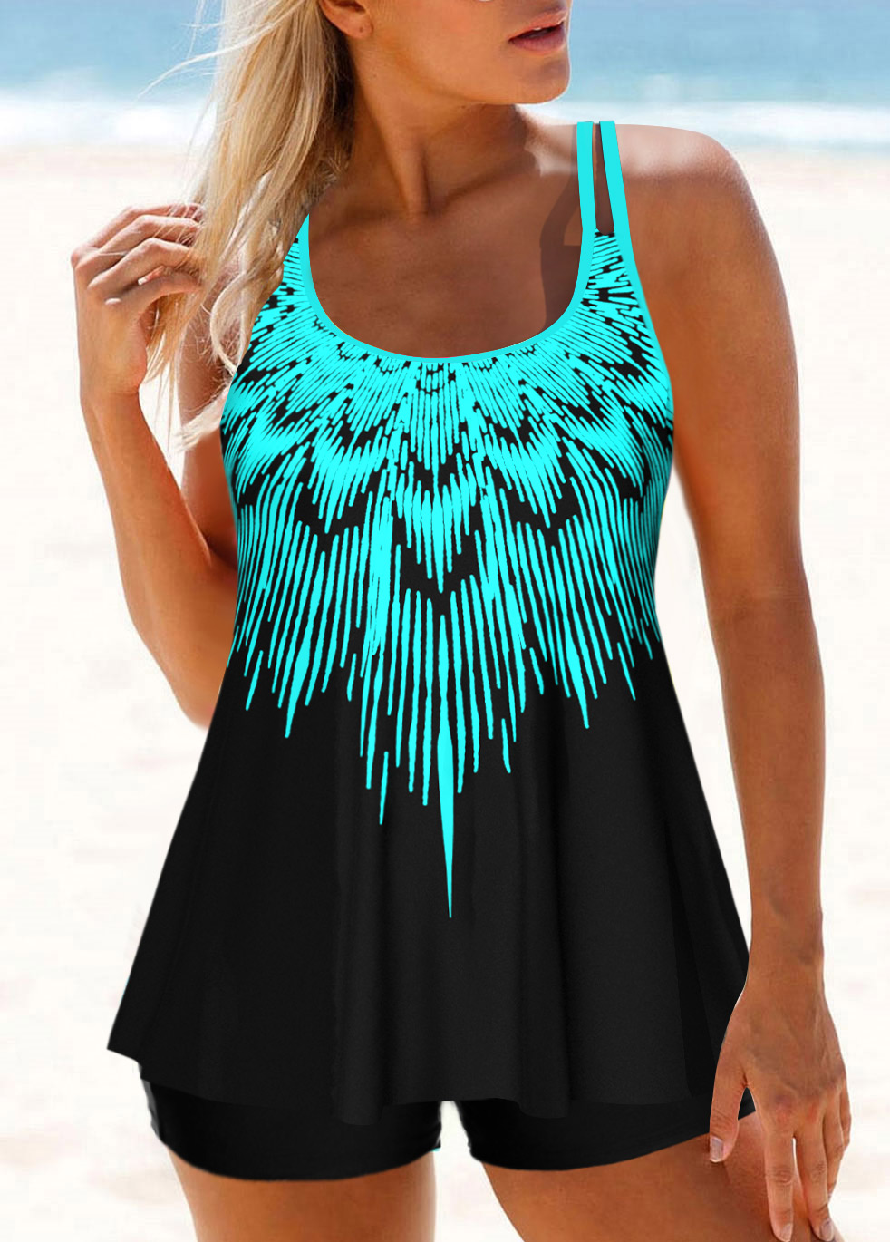 Ombre Double Straps Cyan Tankini Top