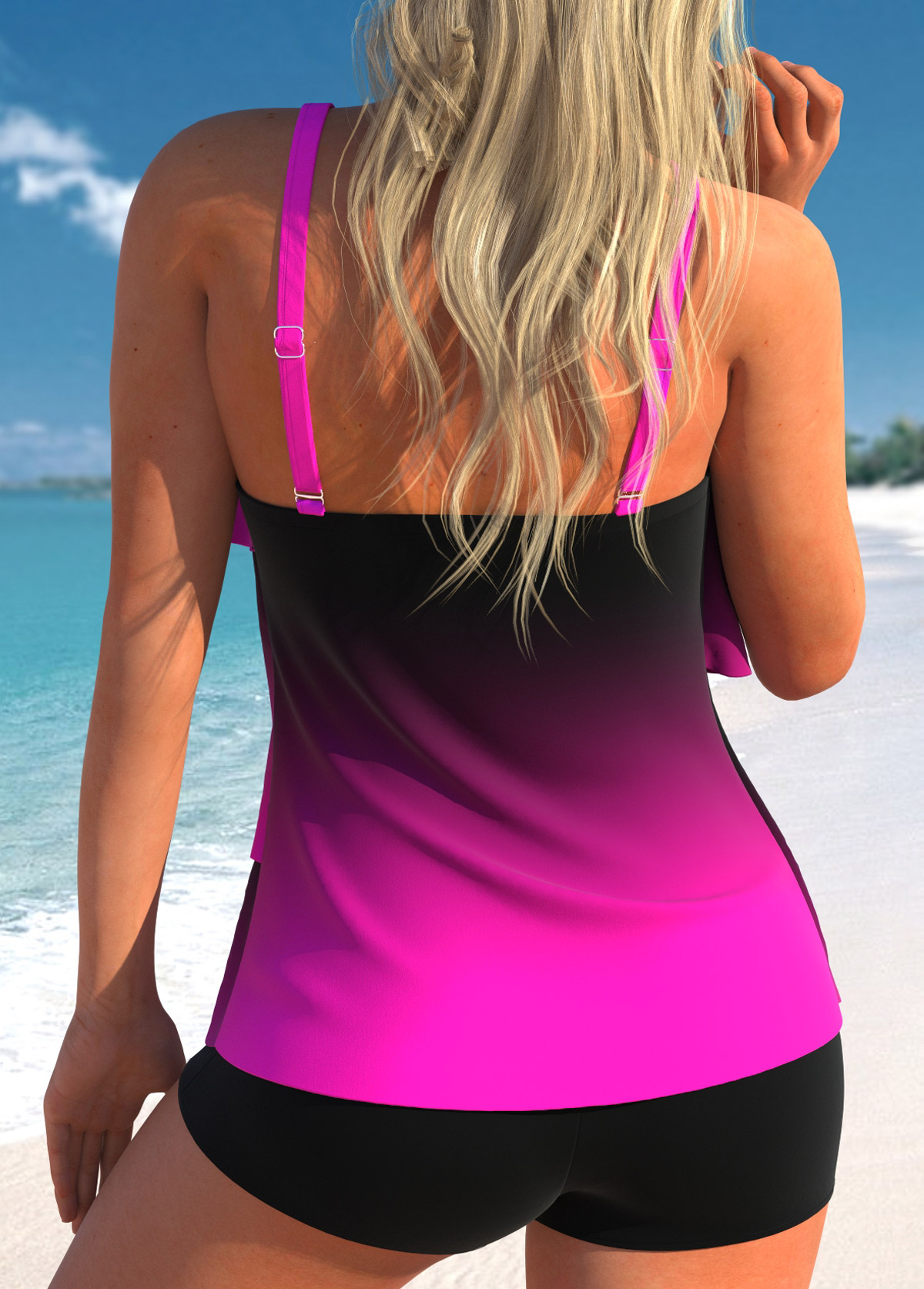 Ombre Asymmetry Neon Rose Red Tankini Top