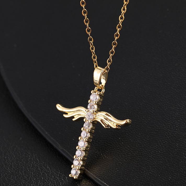 Gold Rhinestone Design Cross Detail Necklace