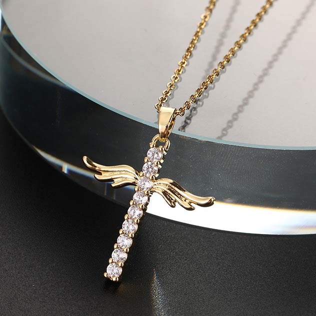 Gold Rhinestone Design Cross Detail Necklace