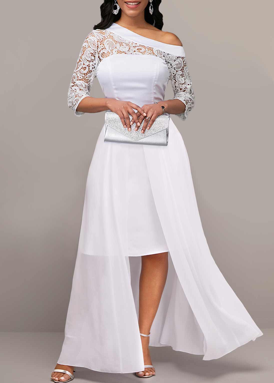 White Lace One Shoulder Maxi Dress
