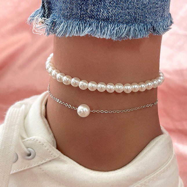 Pearl Design Layered Silver Round Anklet Set