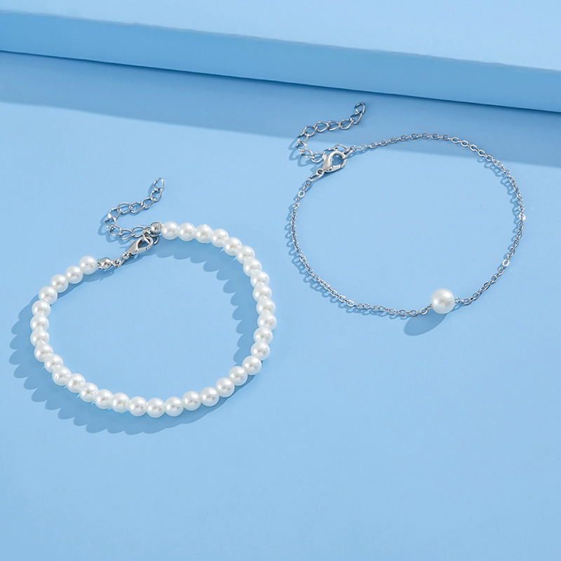 Pearl Design Layered Silver Round Anklet Set
