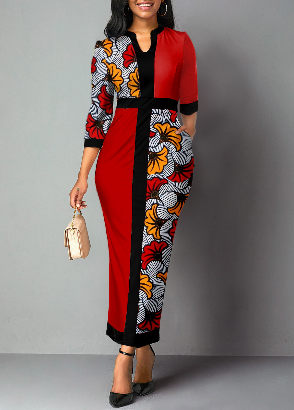 African Tribal Print Patchwork Red Maxi Dress