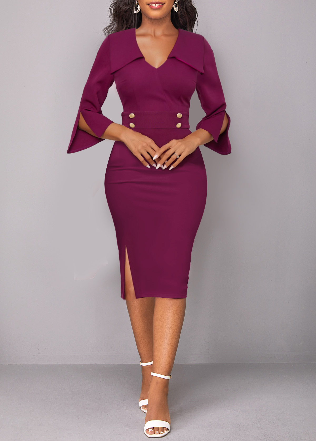 Split Dark Reddish Purple Button Bodycon Dress | Rosewe.com - USD $18.98