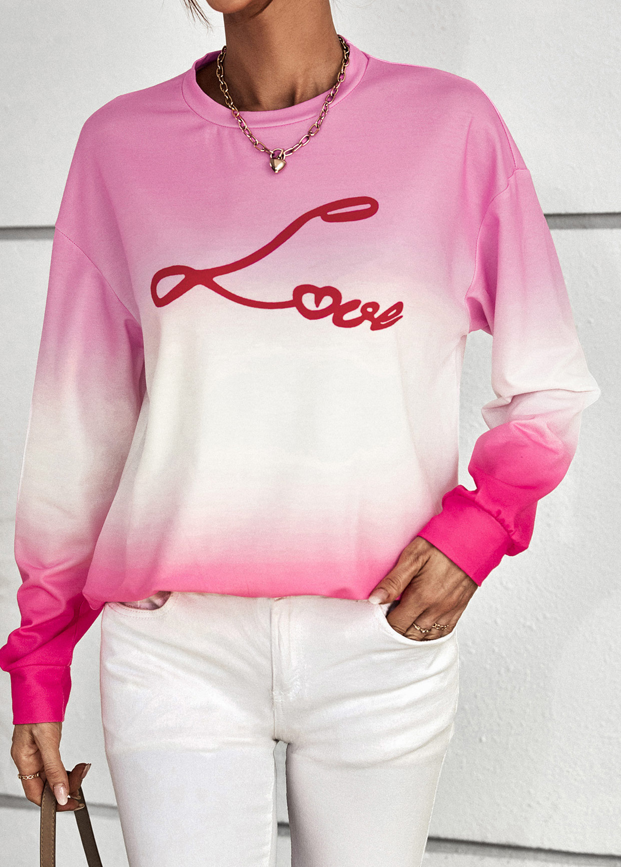 Valentine's Design Letter Print Pink Round Neck T Shirt