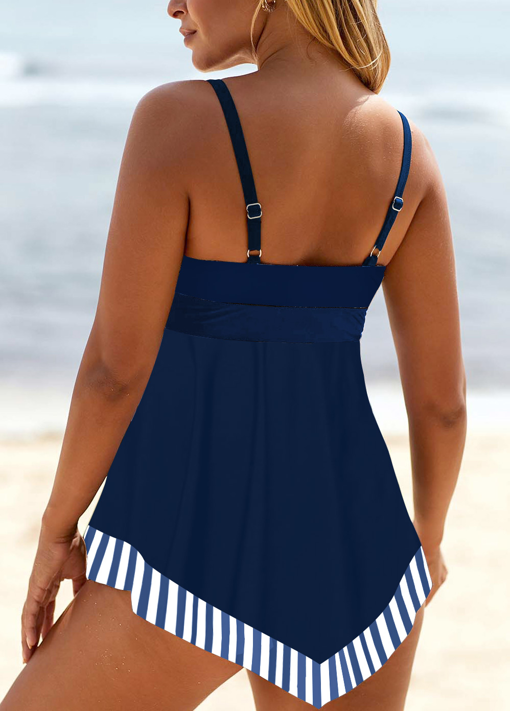 Striped Lace Up Navy Swimdress Top