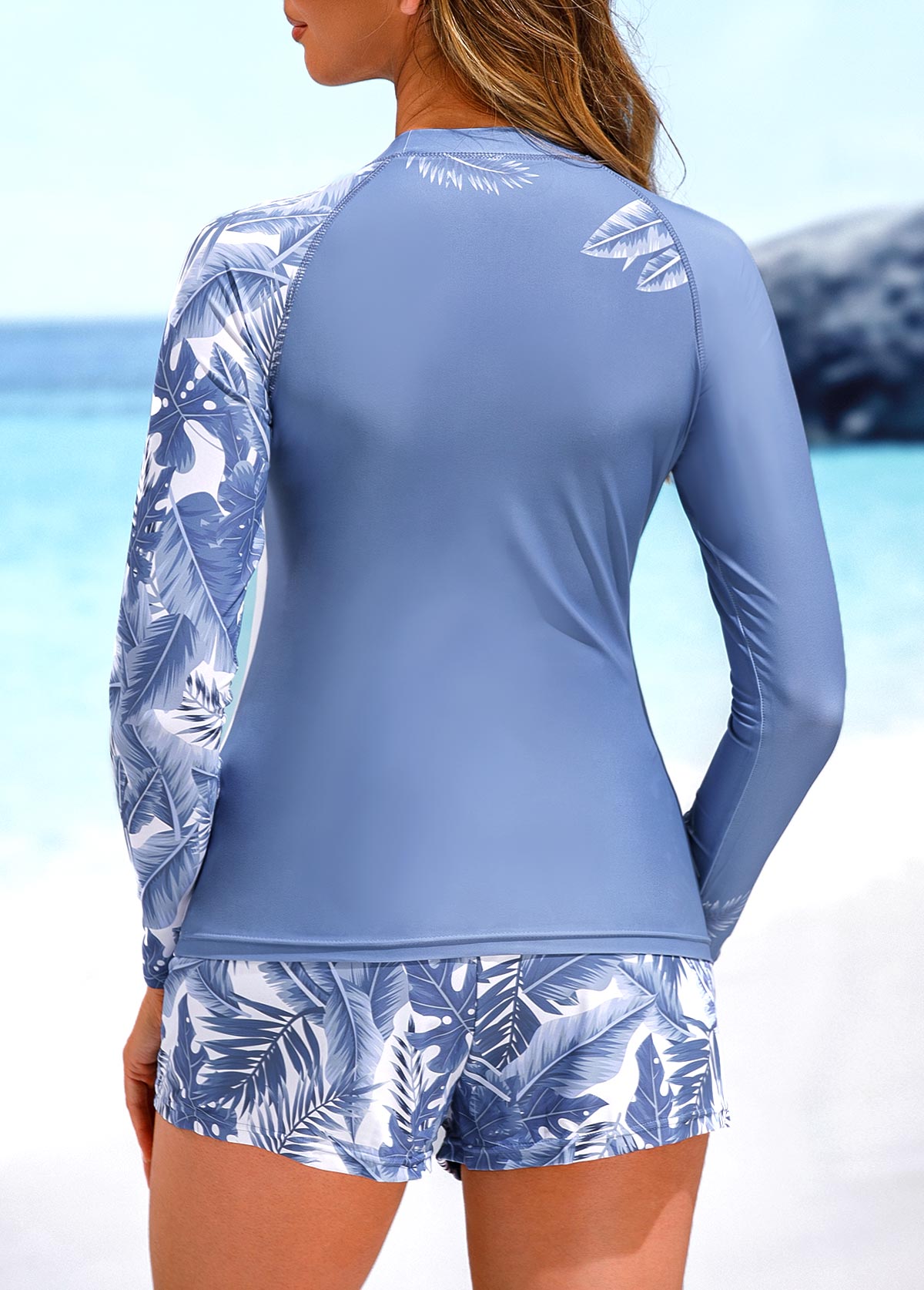 Blue Plus Size Leaf Print Rash Guard Top USD 38.68