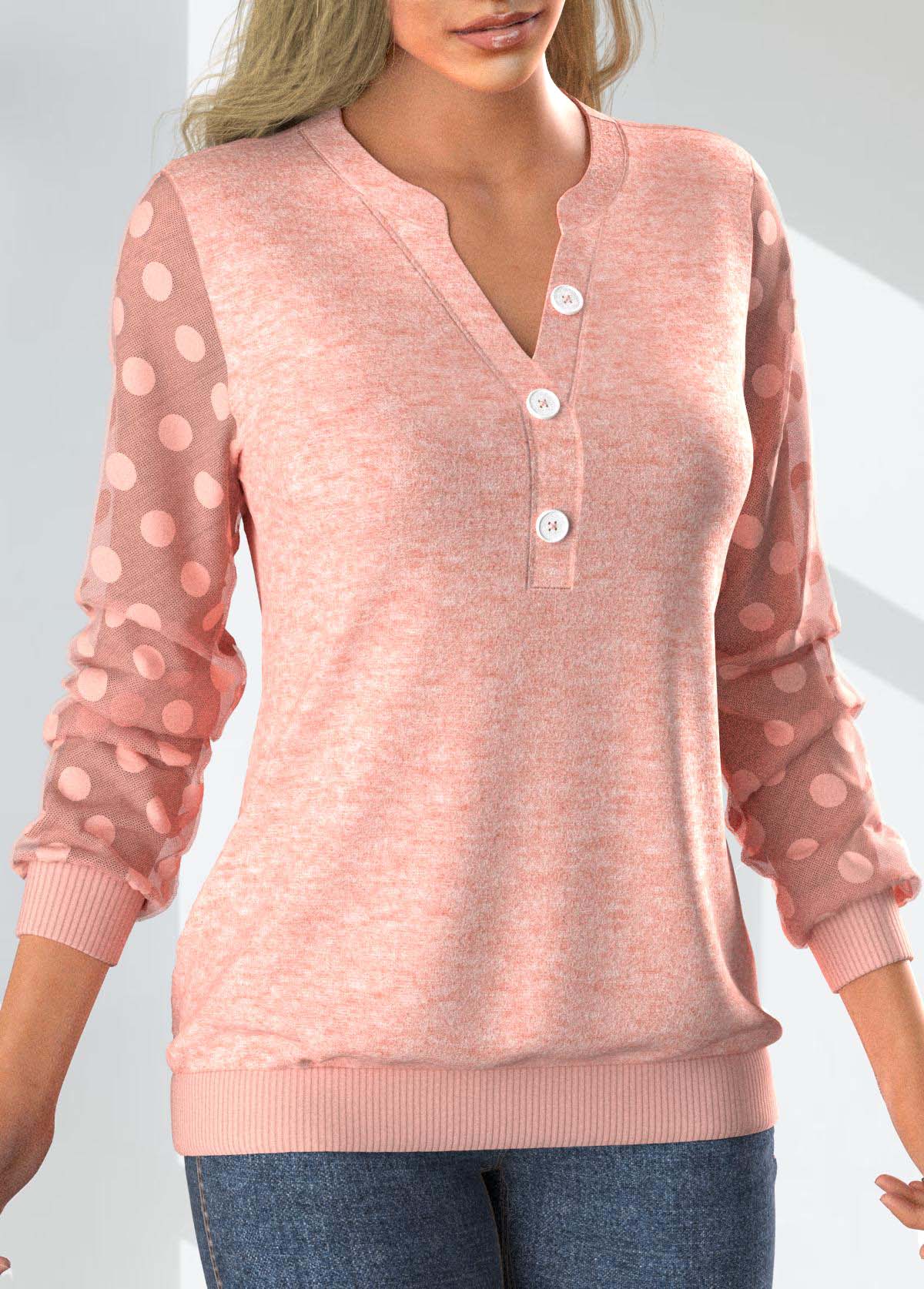 Long Sleeve Button Pink Split Neck Sweatshirt