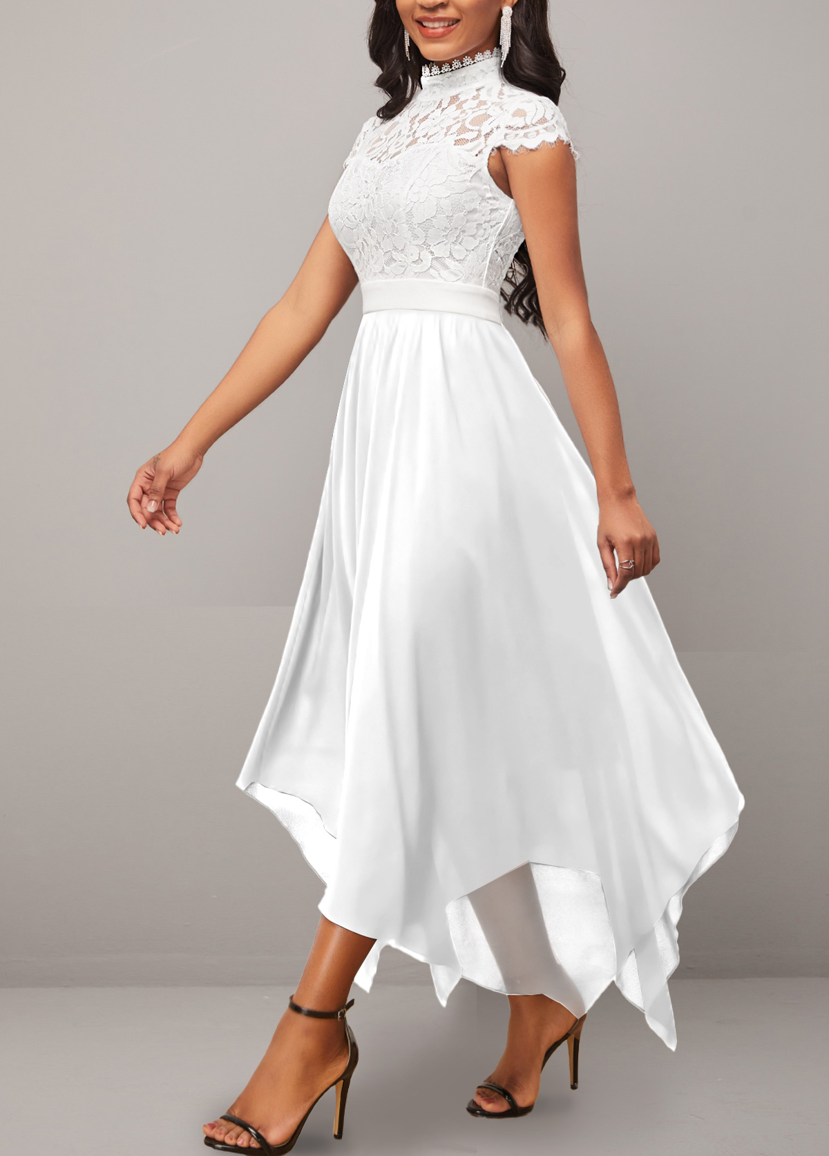 Lace Stand Collar Short Sleeve White Dress